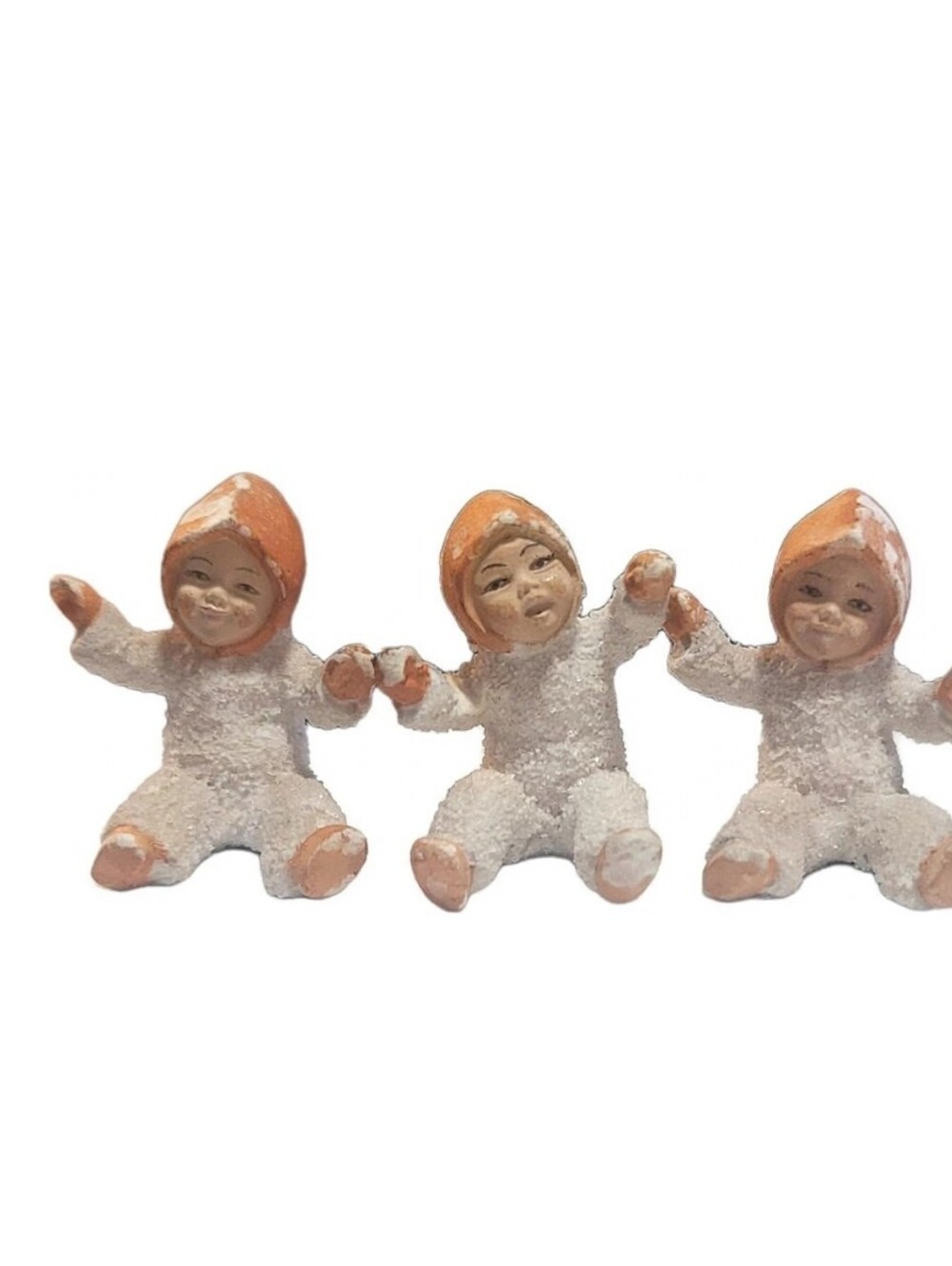 Vintage German Snow Babies Trio Bisque Sugared Eskimo Babies Orange Hood
